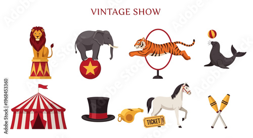 Vintage circus animals and symbols.