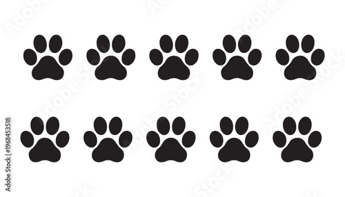 Black animal paw prints on white background, vector set of pet foot trail, dog cat pawprint.