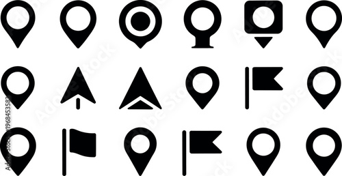 Collection of various location pin icons with different shapes and designs