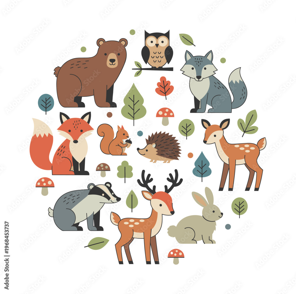 Fototapeta premium Grouping of stylized woodland animals forming a circular pattern with trees, mushrooms, and leaves, depicting wild nature