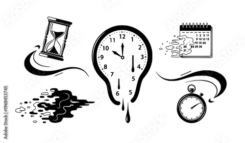 A vector graphic illustration of various time-related icons including a melting clock, hourglass, calendar, and stopwatch in a minimalist design style