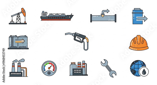 Oil and Gas Industry Icons - Extraction, Transportation, and Processing.