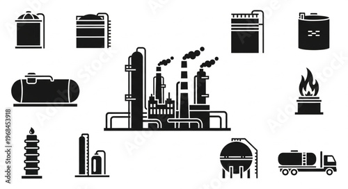 Oil Refinery Silhouette Icons - Industrial Plant and Storage Tanks.