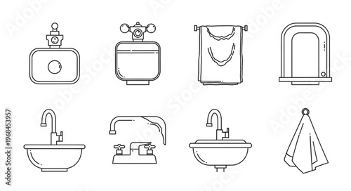 Bathroom Fixtures Line Art - Sinks, Towels, and Toilet Outline.