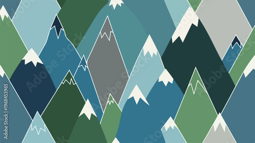 Colorful, geometric illustration of layered mountain peaks