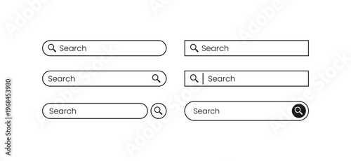 Clean search bar icons in minimalist style. All designs feature simple, uncluttered interfaces. No people, animals, or plants shown in this image