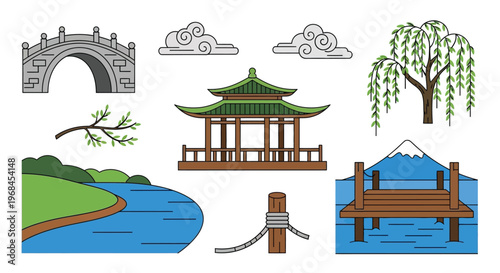 Colorful flat design asian landscape elements with pagoda bridge and nature.