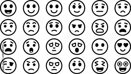 Collection of various black and white emotion expression faces design graphics