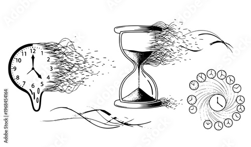 A black and white vector illustration of a melting clock turning into sand in an hourglass with multiple clocks swirling around it