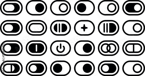 Collection of various black and white toggle switch icons on transparent background