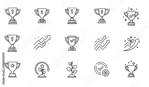 A set of black and white line art vector icons depicting various trophy and achievement symbols on a white background
