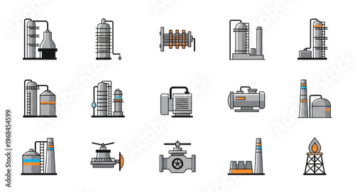 Collection of Industrial Plant and Equipment Icons for Engineering Design.