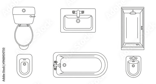 Bathroom Fixtures Layout - Toilet, Sink, Bathtub, and Bidet.