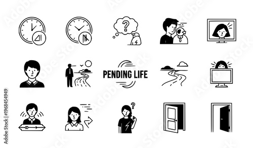 A collection of minimalist black and white line art icons depicting various concepts related to time management confusion and daily life