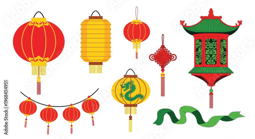 Set of traditional chinese lanterns and decorations for lunar new year celebration and festivals.