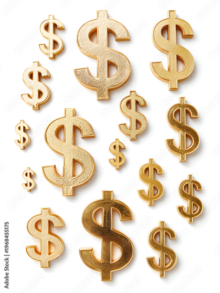 Obraz premium Gold colored dollar signs in various sizes isolated on a clean white background