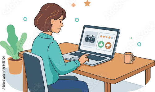 Woman Reviewing Product Photo on Laptop