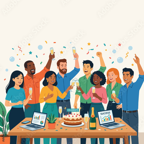business team celebrating success with champagne and cake in office illustration
