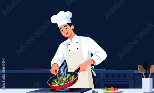 Chef's Culinary Creation: A skilled chef attentively cooks a vibrant mix of vegetables in a sizzling pan, demonstrating culinary expertise.