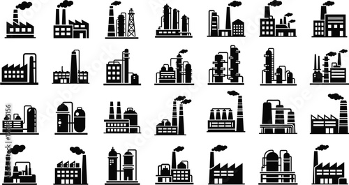 Industrial factory icon collection with smokestacks refineries and manufacturing plants in silhouette style representing heavy industry production energy sector and urban infrastructure design