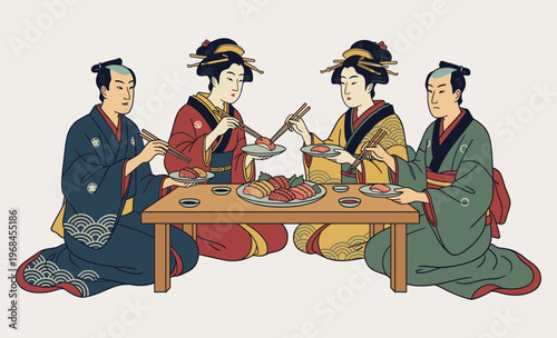 Japanese Culinary Gathering: A traditional Japanese scene, with figures gathered around a low table, engrossed in a shared meal, showcasing the beauty of Japanese culinary culture.