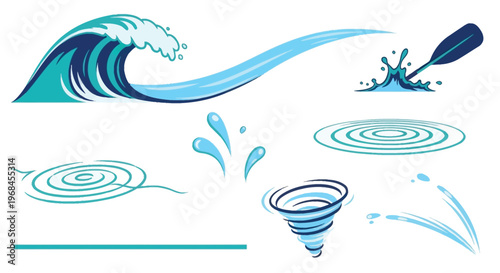 Colorful blue water wave ripples and splashes set in flat vector illustration style.