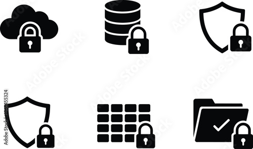 Cyber security protection icon set, vector collection of cloud database shield firewall lock and folder symbols representing digital safety and IT security design.