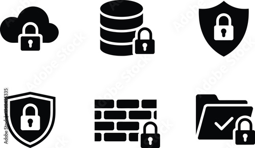 Cyber security protection icon set, minimalist black and white icons including cloud storage shield firewall lock and folder for network security and data protection graphics.