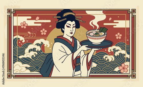 Geisha's Culinary Delight: An elegant geisha presents a steaming bowl of ramen, a culinary masterpiece of Japanese cuisine, against a backdrop of traditional artistry and cultural richness.