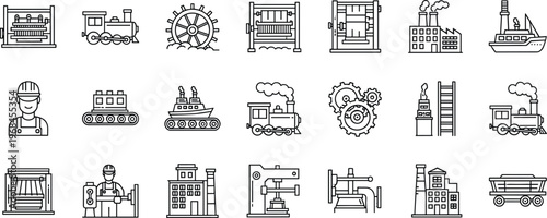 Industrial line icon set featuring machinery workers factories trains ships and gears representing manufacturing production engineering and transportation in minimal outline vector style design
