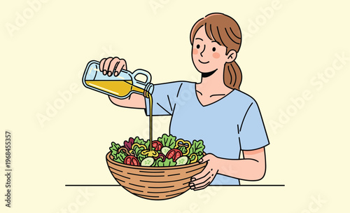 Salad Dressing and Healthy Choices: A woman adds a drizzle of oil to a fresh, vibrant salad, emphasizing a commitment to health and the art of simple, wholesome meals.