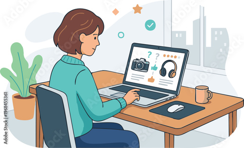 Young Woman Comparing Products on Laptop