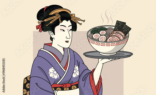 Geisha with Ramen: An illustration of a geisha gracefully presents a steaming bowl of ramen, showcasing culinary artistry and traditional Japanese culture.