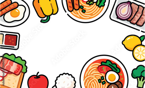 Culinary Delights: A vibrant array of diverse food elements, arranged artfully to frame an open space, beckons with a spectrum of flavors and colors. 