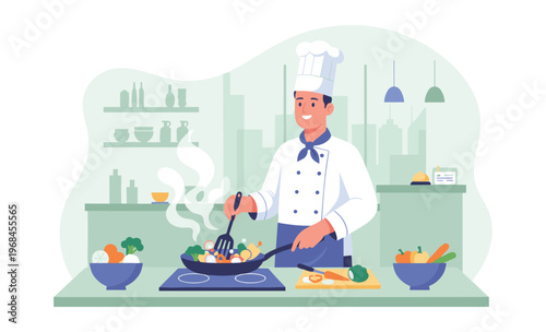 Culinary Creation: A skilled chef meticulously prepares a delectable dish in a modern kitchen. Capturing the artistry and passion of culinary excellence.