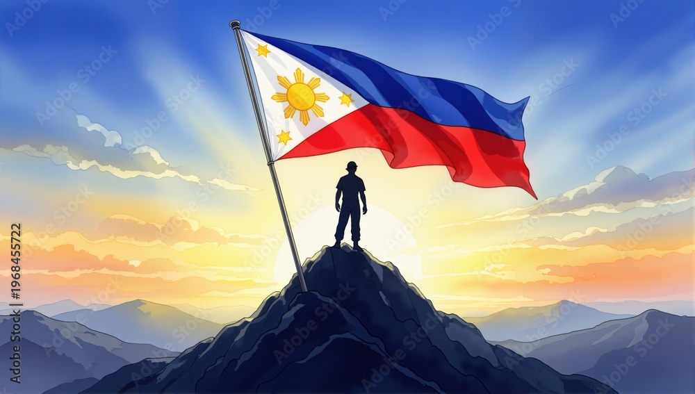 Obraz premium Watercolor llustration for philippines independence day with silhouette of a person standing on a mountain peak with large flag. 