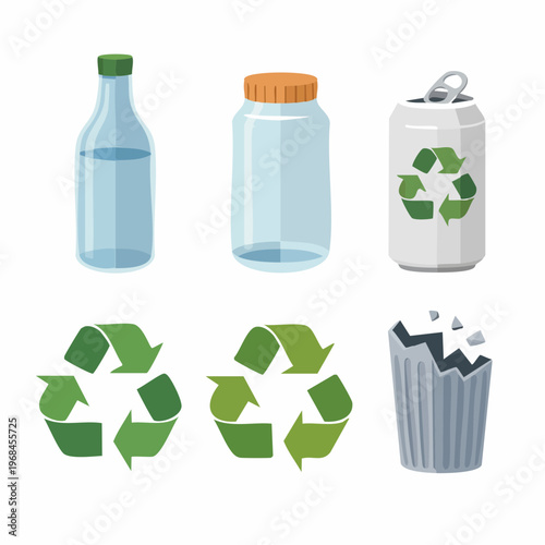 Recyclable plastic bottles and cans are collected in a trash can with recycling symbols nearby indoors.