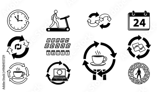 A set of black and white vector icons depicting various daily routine and productivity symbols with circular arrows on a white background