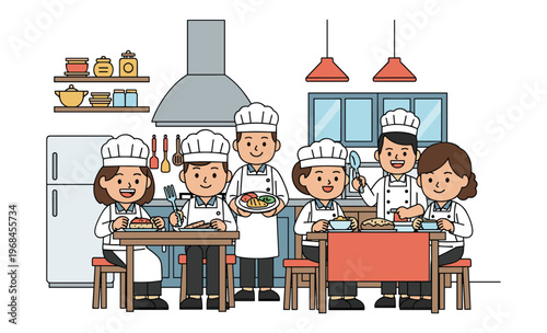 Culinary Team: A cheerful culinary team, dressed in their uniforms, shares camaraderie while preparing culinary delights in a well-equipped kitchen.