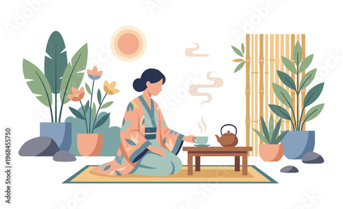 Serene Tea Ceremony: A woman in traditional attire pours tea in a tranquil setting, evoking a sense of calm and ritual.