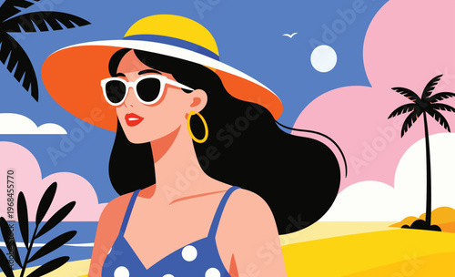 Summer Serenity: A stylish woman, shielded by a wide-brimmed hat and sunglasses, finds tranquility on a sun-kissed beach amidst vibrant hues and serene coastal backdrop.
