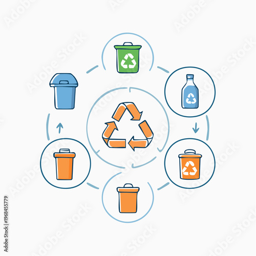 The recycling process involves collecting waste in various bins and transforming it into reusable materials in a cyclical environmental conservation effort with eco friendly bins.