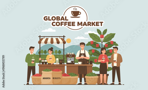 Global Coffee Market: A vibrant illustration showcasing a bustling coffee market, with vendors and customers interacting amidst a backdrop of coffee plants and market stalls.