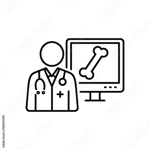 Radiologist doctor profession icon black and white vector illustration with radiologist doctor and bone x ray on computer screen