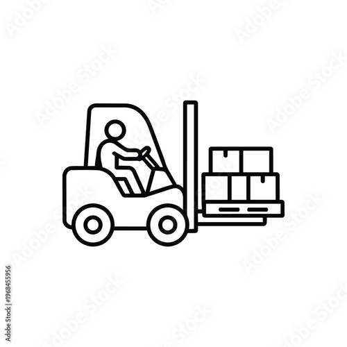 Forklift operator profession black and white vector illustration with forklift worker loading pallet forklift job icon