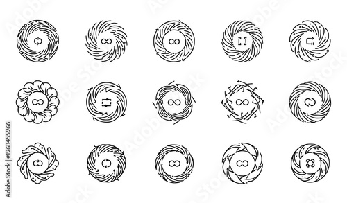 A set of hand-drawn infinity symbol designs in various swirling patterns and styles on a white background