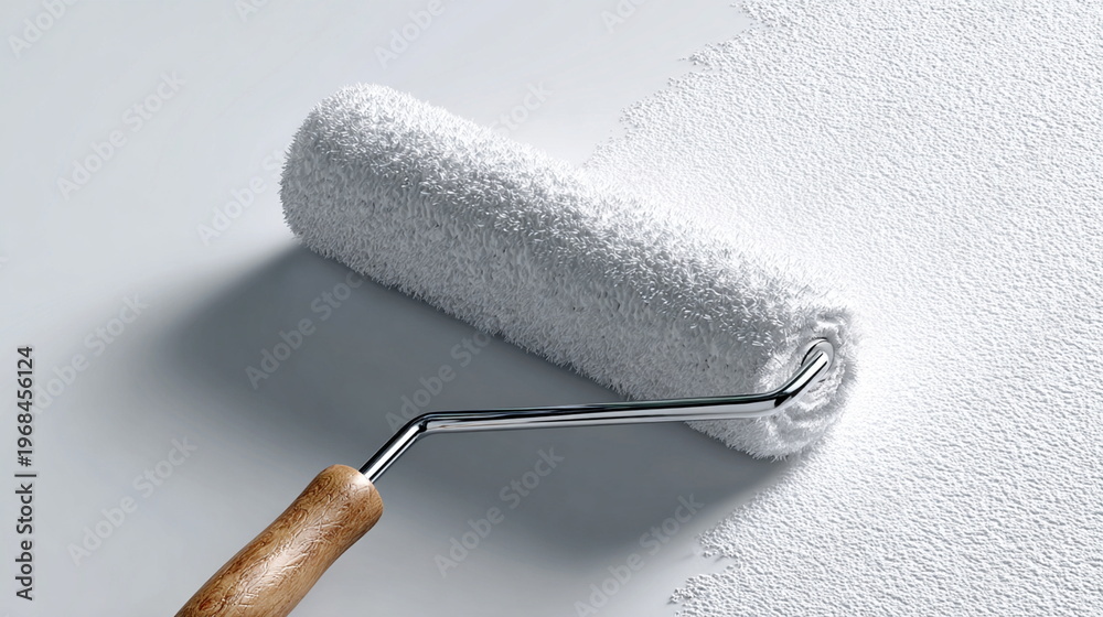 Obraz premium Close-up of a paint roller spreading white paint on a textured surface, illustrating renovation, home improvement, and finishing work