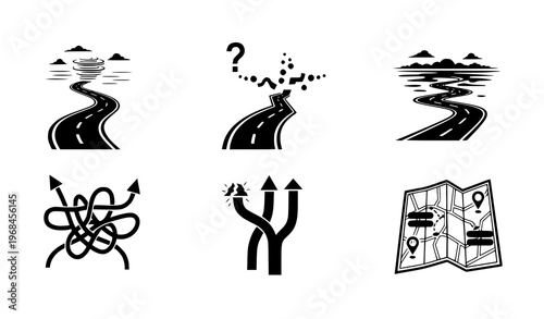 A set of six black and white vector graphic icons depicting various road and navigation symbols on a white background