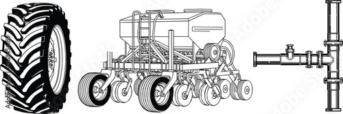 Agricultural equipment illustration featuring tractor tire, seed drill machine and irrigation pipeline system isolated on white background, detailed farming tools for cultivation and agronomy concepts