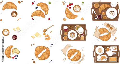 Croissant breakfast and bakery composition vector set featuring coffee trays pastries butter jam and cozy morning food arrangements illustration